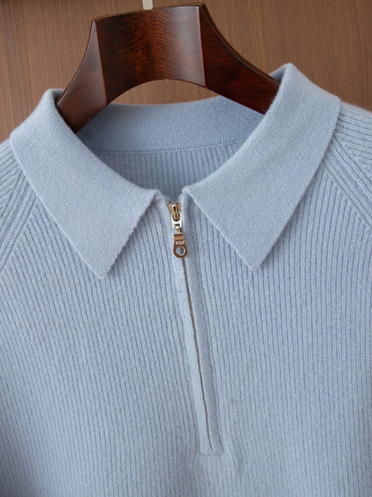 Luxury 100% Merino Wool Sweater for Men Half Zipper Polo Collar Pullover Autumn Winter Cashmere Thick Knitwear Smart Casual Top