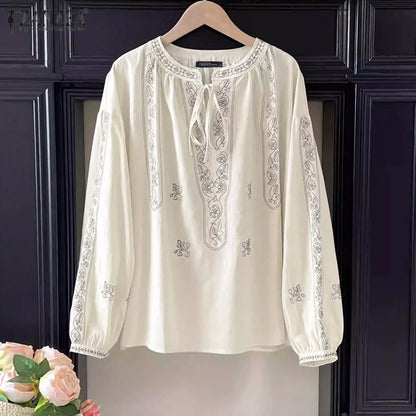ZANZEA Ethnic Style Printing Woman Blouses Casual V-Neck Lace-Up Long Puff Sleeve Blusas Mujer 2025 Spring Summer Smock Tops
