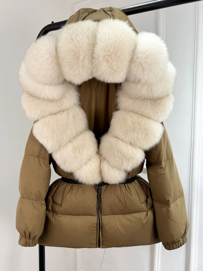 Janveny 2025 Winter Puffer Jacket Women Real Fox Fur Hooded Thick Warm 90% White Duck Down Coat Female Parkas Waterproof