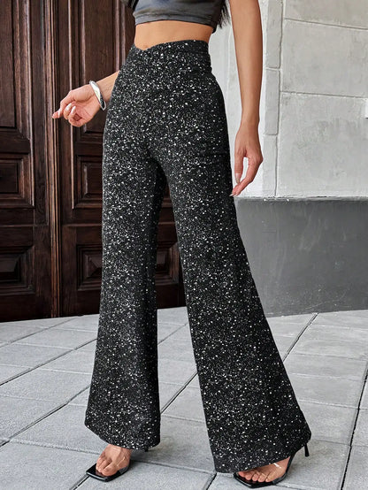 Elegant cross waist micro-flared legs knitted silver fabric black silver spring/summer women's pants