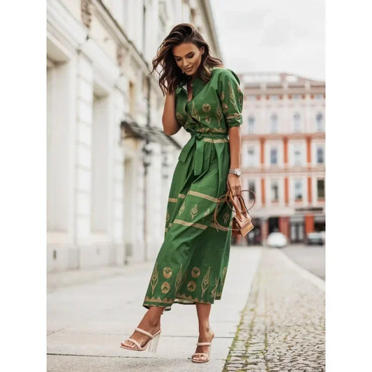 Women's Summer Short Sleeved Loose Fitting Casual Dress Fashion Printed Standing Collar Belt Dress