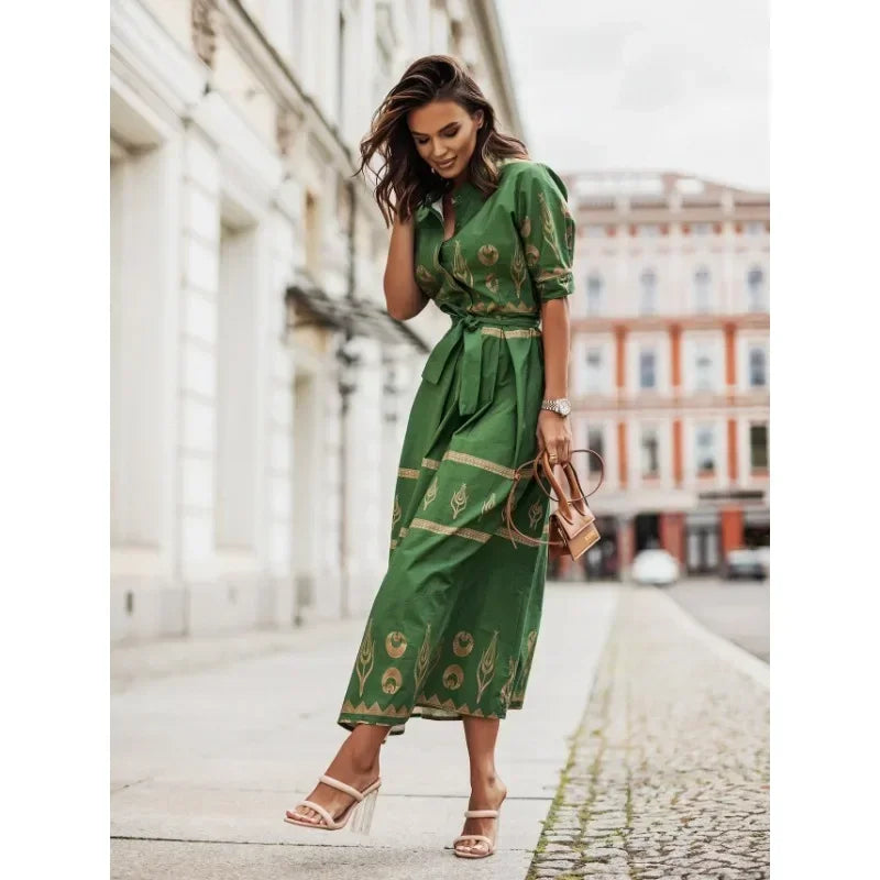 Women's Summer Short Sleeved Loose Fitting Casual Dress Fashion Printed Standing Collar Belt Dress