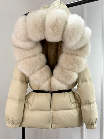 Janveny 2025 Winter Puffer Jacket Women Real Fox Fur Hooded Thick Warm 90% White Duck Down Coat Female Parkas Waterproof