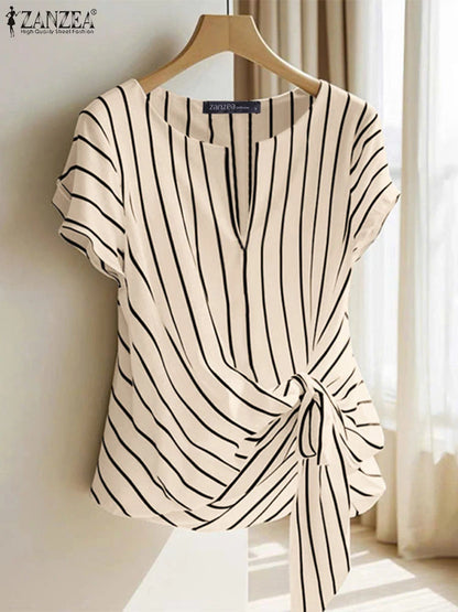 ZANZEA Women Fashion Tie-Front Striped Blouses 2025 Summer Stylish V-Neck Short Sleeve Tops Elegant Casual Commute Blusas Mujer