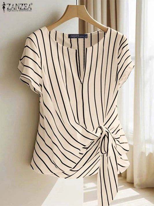 ZANZEA Women Fashion Tie-Front Striped Blouses 2025 Summer Stylish V-Neck Short Sleeve Tops Elegant Casual Commute Blusas Mujer