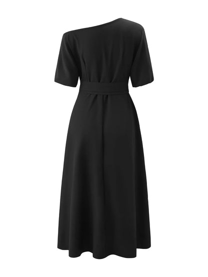 Women's S-2XL Size New Slanted Shoulder Collar Tie Waist Style Solid Color Dress Leopard print maxi dresses for women
