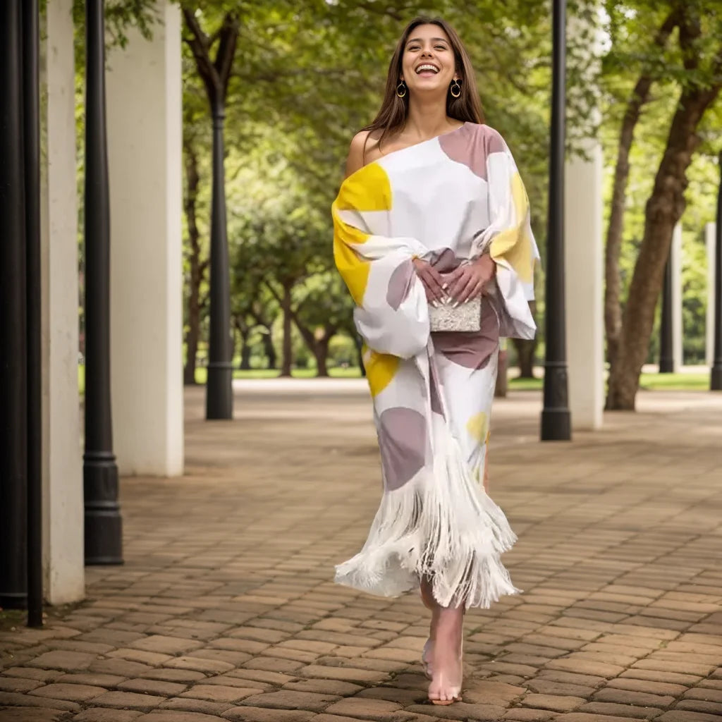 Spring Printing Dress Suits for Women Fashion Sexy One Shoulder Lantern Sleeve Top and Tassels Skirts Female Two Piece Sets