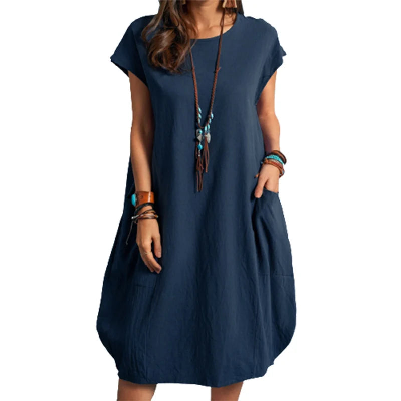 Summer Breathable Cotton Linen Solid Color Dresses Female Comfortable Casual Loose Dressy Women's Crew Neck Double Pockets Gown