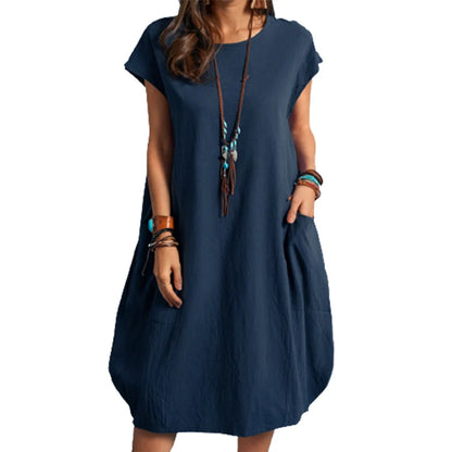 Summer Breathable Cotton Linen Solid Color Dresses Female Comfortable Casual Loose Dressy Women's Crew Neck Double Pockets Gown