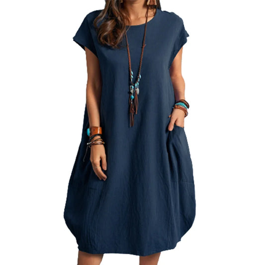 Summer Breathable Cotton Linen Solid Color Dresses Female Comfortable Casual Loose Dressy Women's Crew Neck Double Pockets Gown
