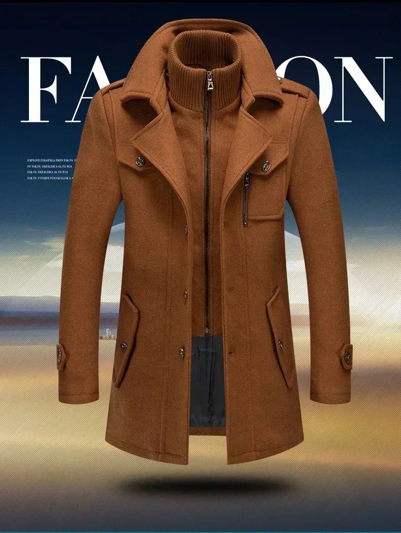 Men Fashion Autumn Winter Wool Trench Coats Fashion Middle Long Jacket Male Double Collar Zipper Coat Windbreak Woolen Overcoat