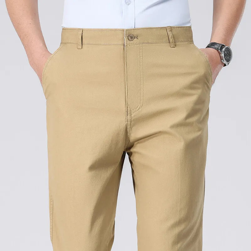 2025 Mens Cotton Trousers Man Business Casual Pants Office Black Chino Pants Khaki Grey Navy Trousers 29-40