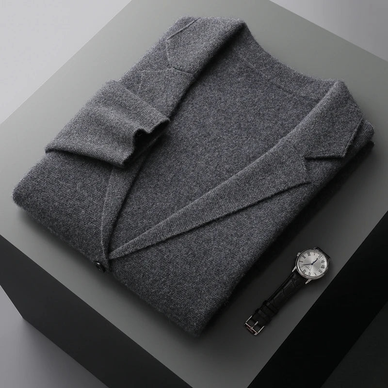 Autumn Winter New 100% Merino Wool Men's Suit Collar Knitted Cardigan Thickened Solid Color Suit Shirt Cashmere Sweater Jacket
