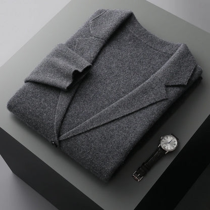 Autumn Winter New 100% Merino Wool Men's Suit Collar Knitted Cardigan Thickened Solid Color Suit Shirt Cashmere Sweater Jacket