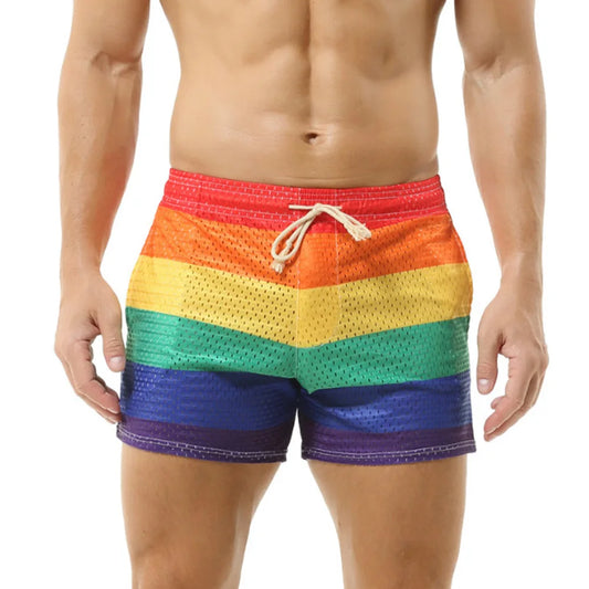 Mens Shorts Rainbow Hollow Breathable Casual Swimming Trunks Spring/Summer Daily Gym Fitness Sports Pant Men'S Clothing 2025 New