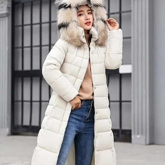 Women Parkas Fur Collar Hooded Cotton Padded Long Coat  Jackets