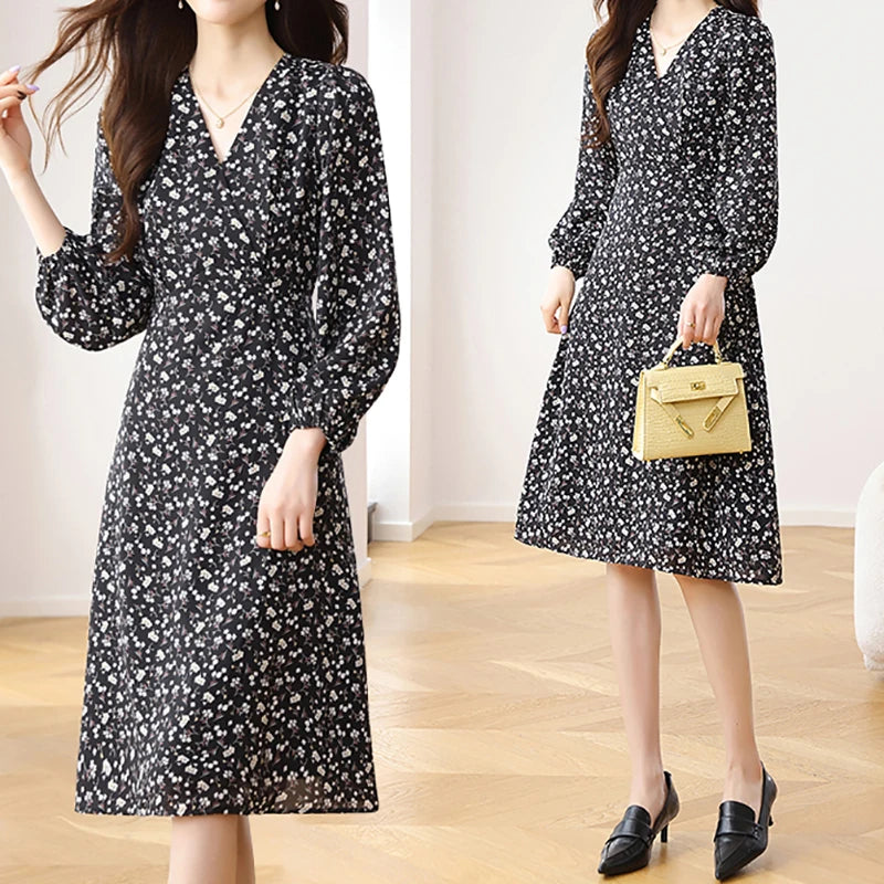 EVNISI Women V-neck Floral Printing Chiffon Dress Chic Slim Office A-line Dresses Long sleeves Women Party Vestido 2024 Autumn