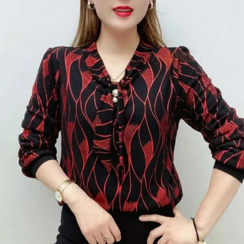 Female Clothing Wave Printed V-Neck Shirt Bandage Spring Autumn New Diamonds Chic Pearl Three-dimensional Decoration Blouse 2025