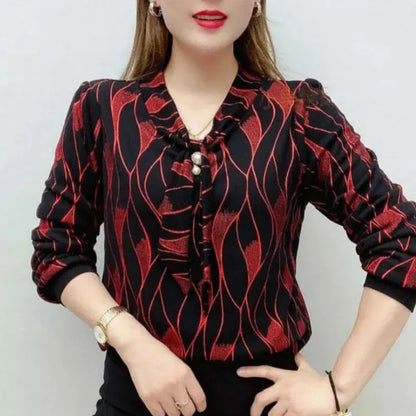 Female Clothing Wave Printed V-Neck Shirt Bandage Spring Autumn New Diamonds Chic Pearl Three-dimensional Decoration Blouse 2025