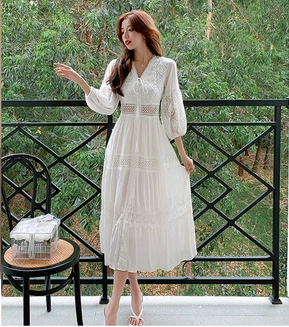 2025 Women's New Spring/Summer White Hollow Sweet Dress Fashion French Bubble Sleeve Knee length Skirt European and American