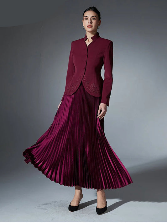 Women Stand Collar Long Sleeve Patchwork Button Tops High Waist Skirt Two Piece Set Female Fashion