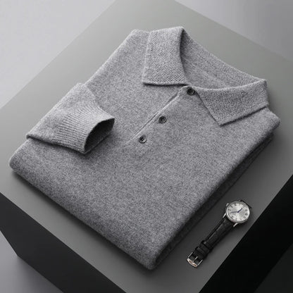 Autumn and winter new 100% merino wool men's POLO collar pullover honeycomb needle shirt fashion knitted men's coat.