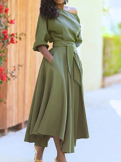 Women's S-2XL Size New Slanted Shoulder Collar Tie Waist Style Solid Color Dress Leopard print maxi dresses for women