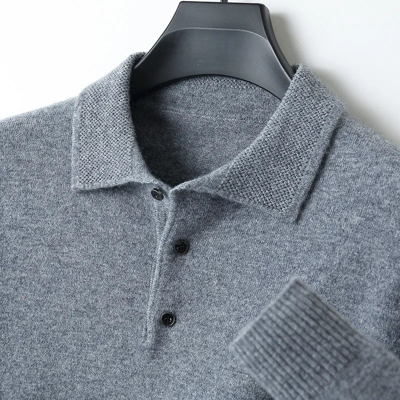 Autumn and winter new 100% pure wool sweater men's POLOL neck sweater lapel button cashmere sweater business bottoming shirt.