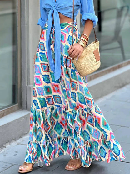 High Waist Patchwork Ruffles Print Skirt Summer Elegant Women Casual Long Skirt Femme Loose Floor-Length Maxi Skirt Dropshipping