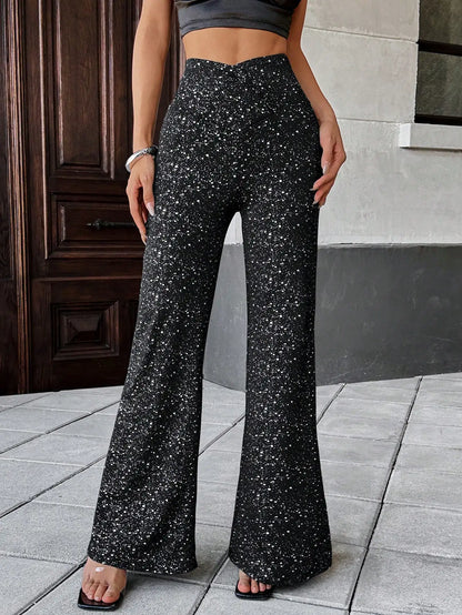 Elegant cross waist micro-flared legs knitted silver fabric black silver spring/summer women's pants