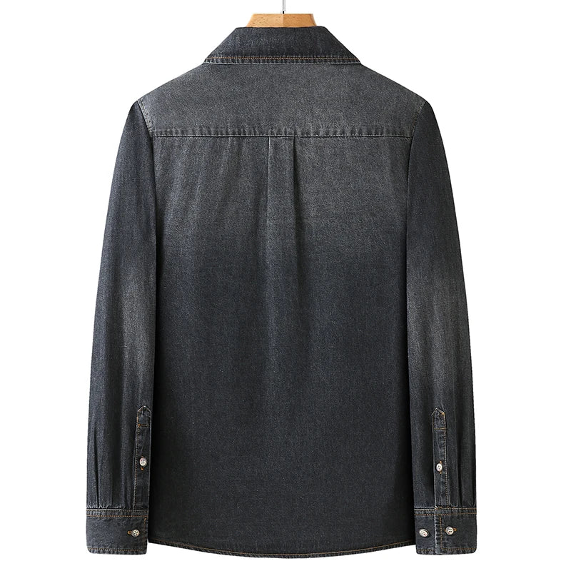 New Autumn Cotton Denim Shirts Men Slim Fit Smart Casual Solid Color Long Sleeve Mens Jeans Shirt  Fashion Male Shirt Black Blu