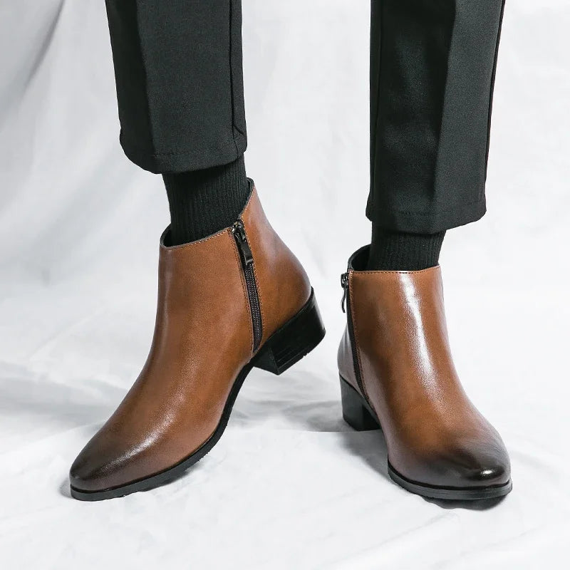 Genuine Leather Side Zipper Male Shoes High Quality Winter Men  Boots Stylish Male Shoes High Heels Mens Chelsea Boots