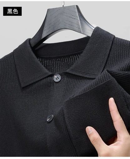 High-quality Men's Delicate Hollow Knit Cardigan, Lapel Single-breasted Button Autumn Sweater Versatile Knitwear for Daily Wear.