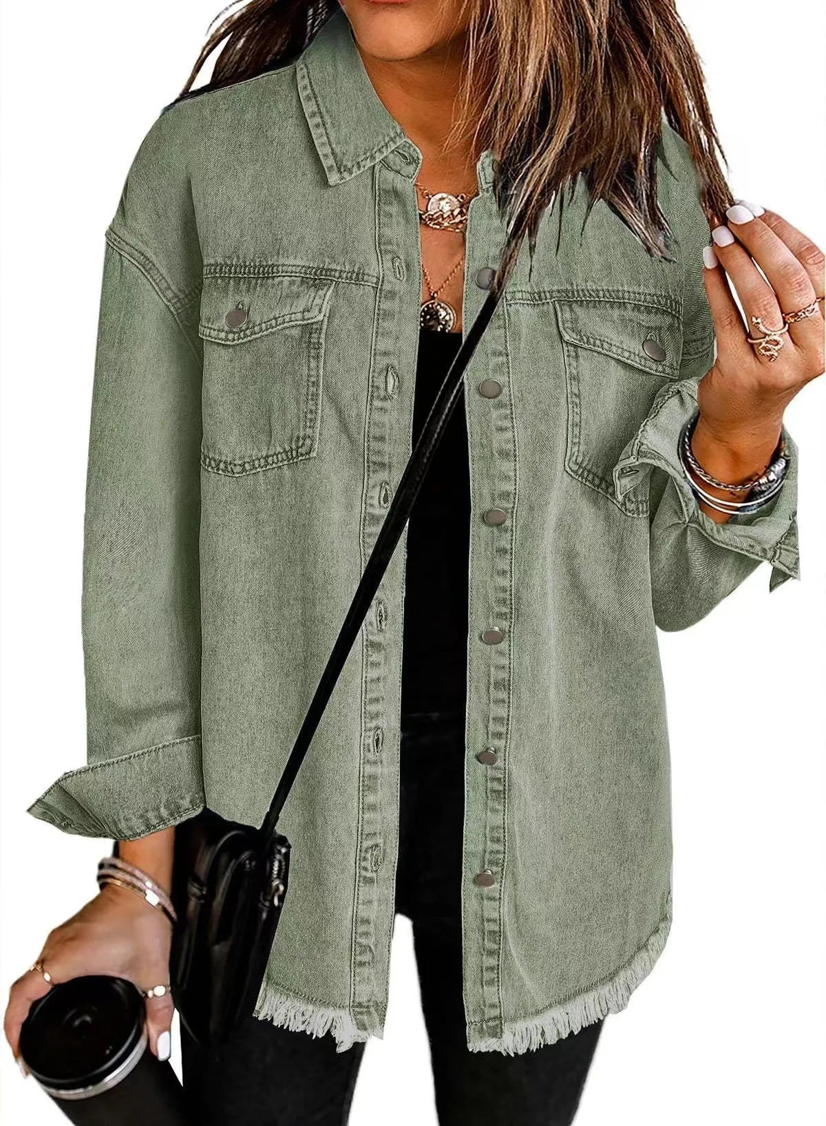 Women Denim Shirt Turn Down Collar  Streetwear Open Stitch Single Breasted Casual Loose Jackets