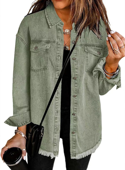 Women Denim Shirt Turn Down Collar  Streetwear Open Stitch Single Breasted Casual Loose Jackets