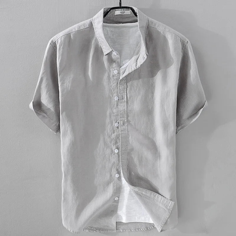 2025 Pure Linen Short Sleeved Shirt Men's Linen White Shirt Cotton Linen Men's Upper Garment Men's Casual Summer Half Sleeved