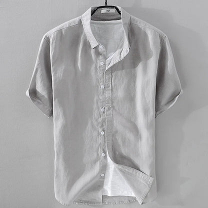 2025 Pure Linen Short Sleeved Shirt Men's Linen White Shirt Cotton Linen Men's Upper Garment Men's Casual Summer Half Sleeved