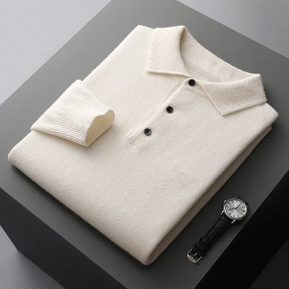 Autumn and winter new 100% merino wool men's POLO collar pullover honeycomb needle shirt fashion knitted men's coat.