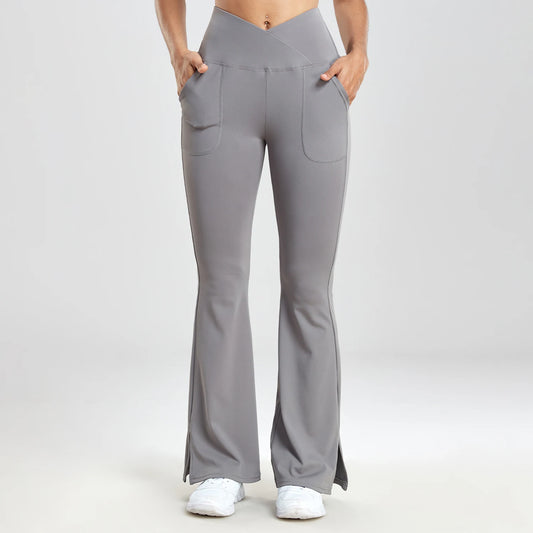 V-shaped Split Flared Pants Women Pockets Leggings Solid Color High Waist Casual Simple Style Pants Daily Office Elastic Legging