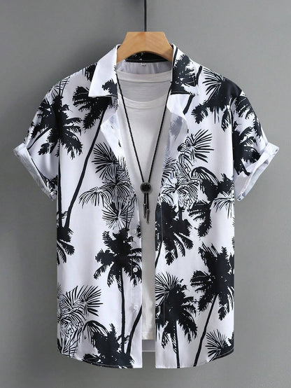Men's Coconut Tree Graphic Print Short Sleeve Lapel Shirt Tops Men's Casual Button-Down Shirts For Summer Daily Wear And Resort