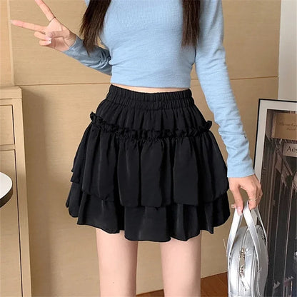 Summer Kawaii White Ruflles Skirt Women Fashion Slim Fit Mini Skirts Giris Y2k All Match Elastic High Waist Black Faldas