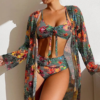 Size S-3XL Bikini Three Pieces Floral Printed Swimsuit Women Bikini Set With Mesh Long-Sleeved Blouse,Bra Top with Pad Swimwear