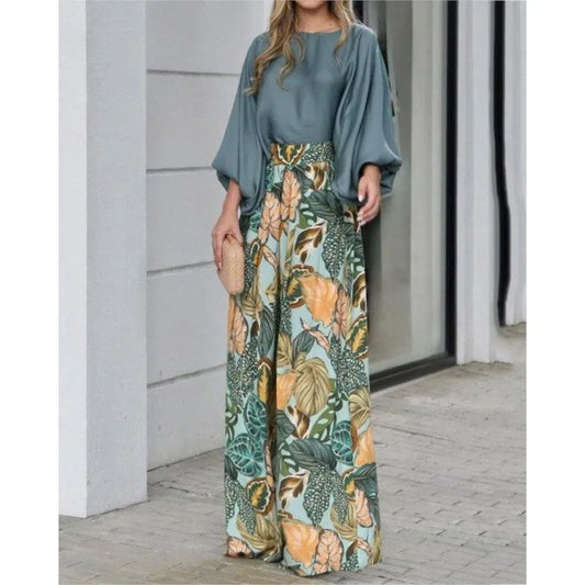 Women's Clothing Set Lantern Sleeves Loose Top Printed Wide Leg Pants Two Piece Set
