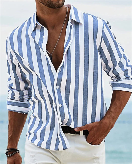 Men's Long sleeved Blue Stripe Printed Shirt Social Luxury Men's Wear Hawaii Elegant Classic Fashion Solid Color