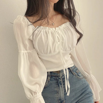 Women Chiffon Blouse Summer Shirt Square Collar Folds Lace Up Waist Tops Korean Fashion Flare Sleeve Elegant Blouses Femme