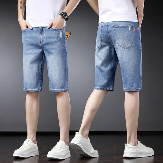 Summer Thin Slim Fit Stretch Short Jeans Classic Style Business Casual Light Blue Soft Straight-leg Denim Shorts Male
