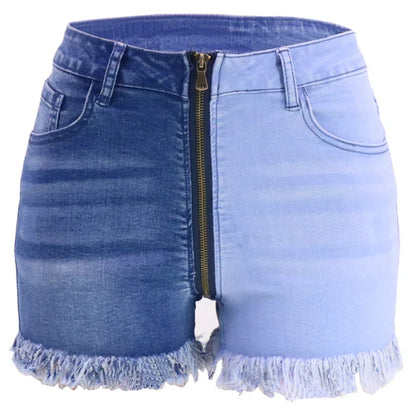Fashion Front Zipper Open Crotch Denim Shorts Women Casual High Waist Color Contrast Patchwork Female Tassel Three Quarter Pants