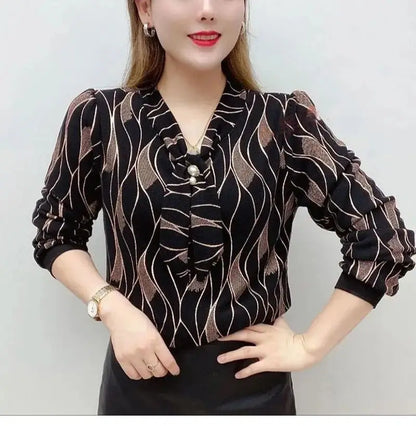 Female Clothing Wave Printed V-Neck Shirt Bandage Spring Autumn New Diamonds Chic Pearl Three-dimensional Decoration Blouse 2025