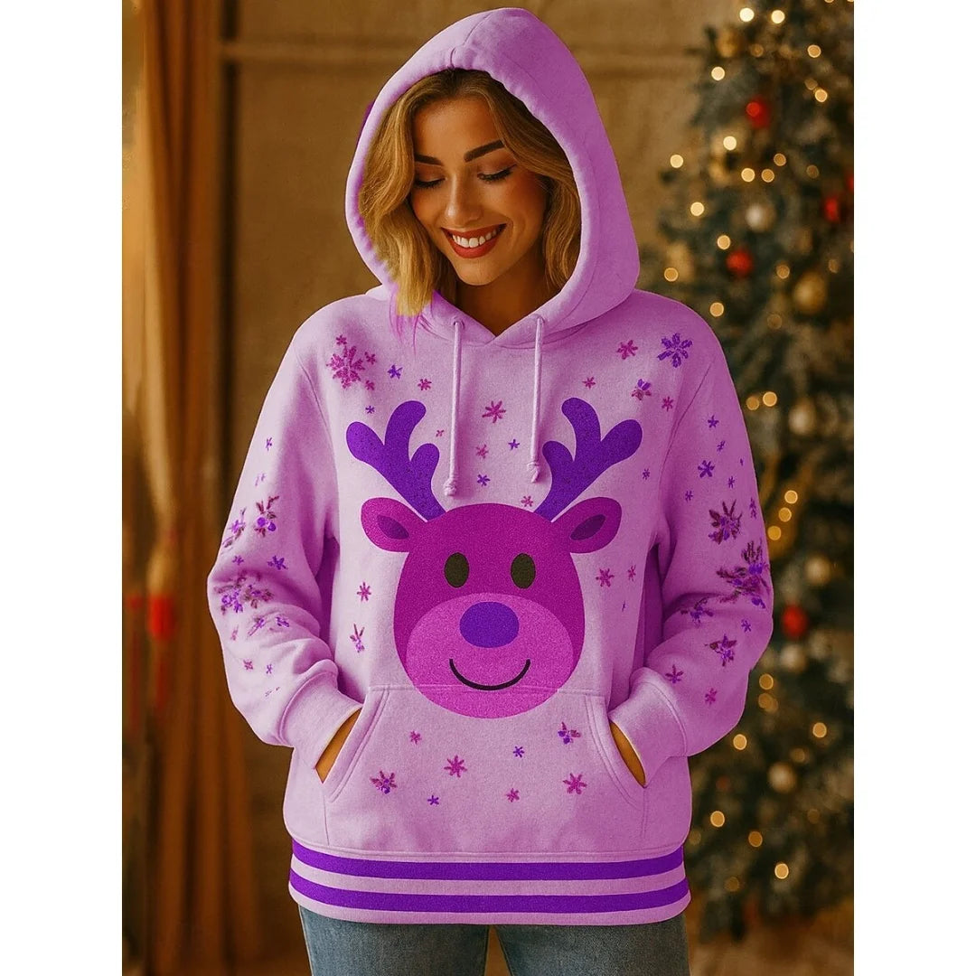 New Women's Pullover Hoodie Sweatshirt 3D Graphic Reindeer Casual Long Sleeve Hooded Regular Tops Wear Street Dailywear Clothing