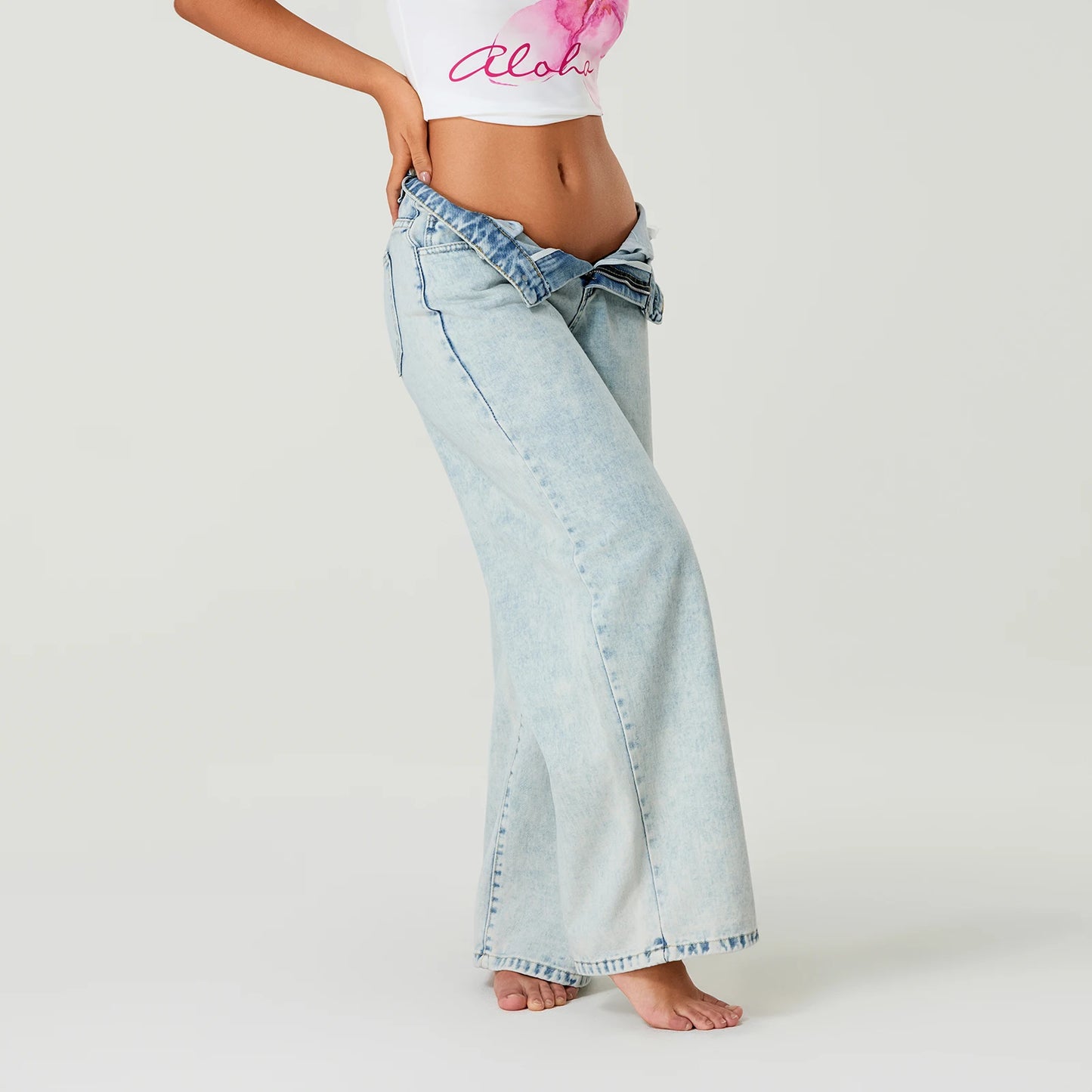Simple Stylish Low Waist Casual Wide Leg Pants Women Spring Summer Solid Color Jeans with Pockets Streetwear
